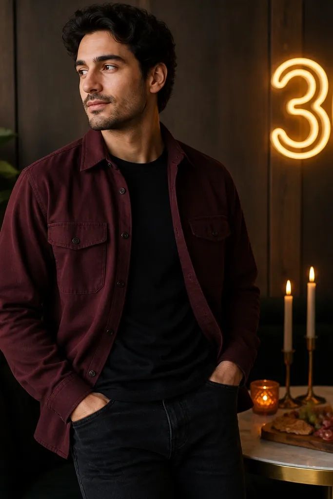A burgundy overshirt layered over a plain black crewneck tee, paired with dark jeans. The background shows a small candlelit table with a charcuterie board and a neon-style "30" sign glowing on the wall.