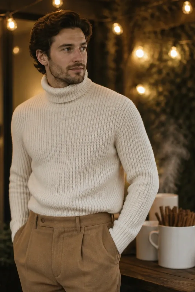 A cream knit turtleneck under warm string lights, tucked into camel-colored trousers. The table behind him has a steaming mug bar with cinnamon sticks and a small dessert tower.