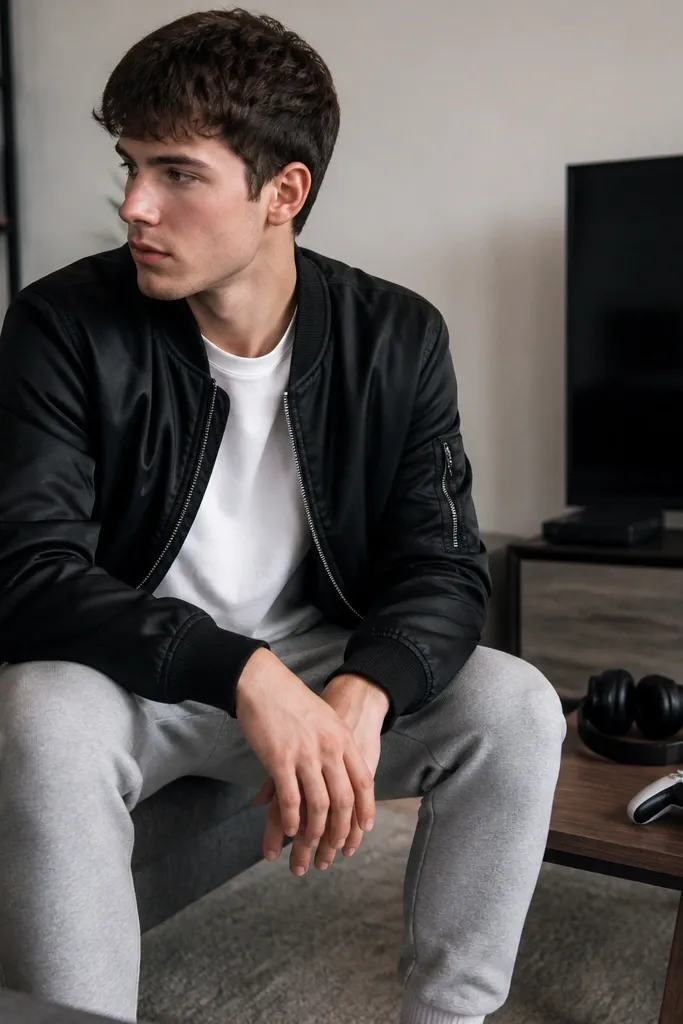 A black bomber jacket with a subtle satin sheen worn over a white tee, paired with heather grey joggers. The background shows a small gaming setup with a TV and handheld controllers on a coffee table.