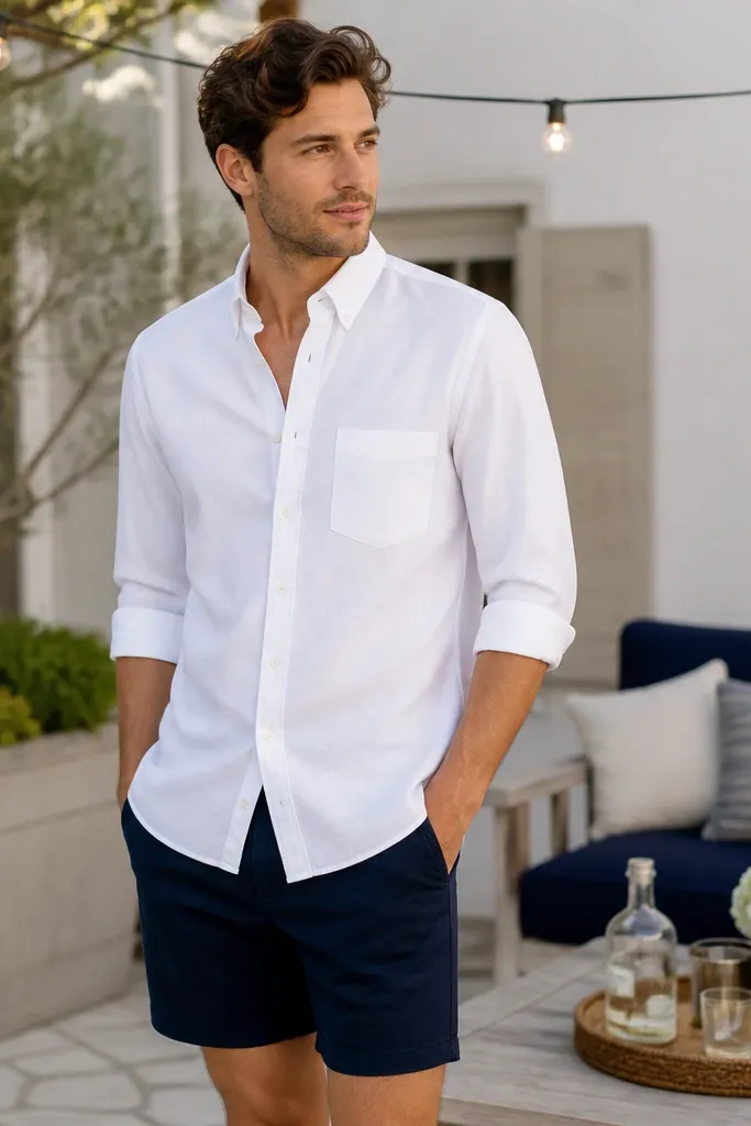 A crisp white button-down worn with sleeves rolled to the forearm, paired with navy shorts. The scene shows a small outdoor patio set with string lights and a tray of drinks.