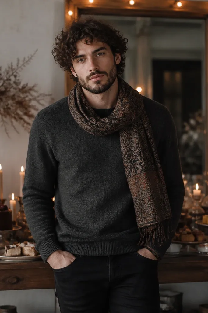 A charcoal crewneck sweater with a patterned scarf draped casually at the neck, paired with black jeans. Behind him is a dessert table with candles and a small mirror framed by warm lights.