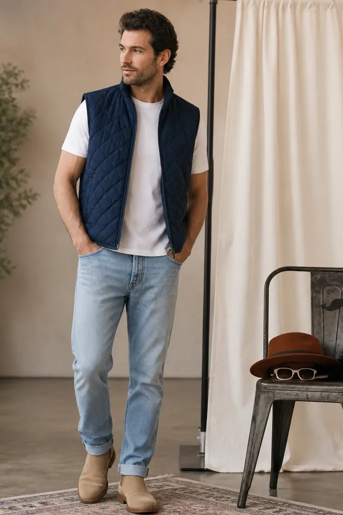 A navy quilted vest layered over a plain white tee, paired with light wash jeans and tan boots. The background shows a small DIY photobooth corner with a curtain and props on a chair.