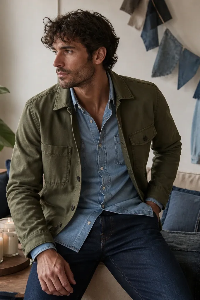 An olive overshirt worn open over a light blue denim shirt, paired with dark indigo jeans. The setting shows a cozy living room with a small speaker, a candle cluster, and a denim-themed party sign.