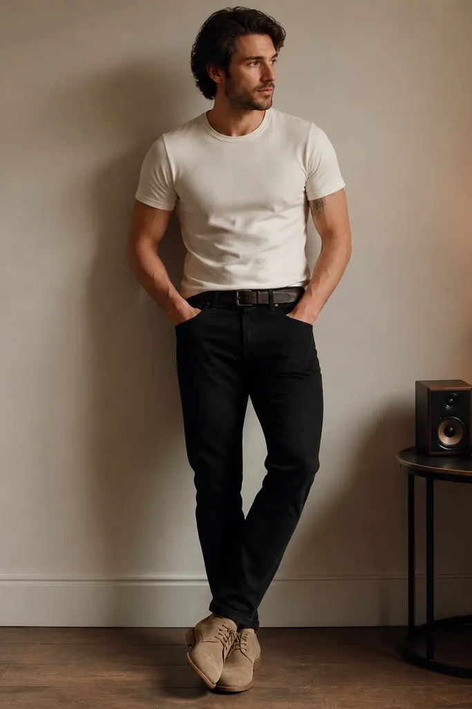 A cream fitted tee tucked into black jeans, finished with tan suede chukkas. The background shows a small table with cocktail napkins, a speaker, and a warm lamp glow.