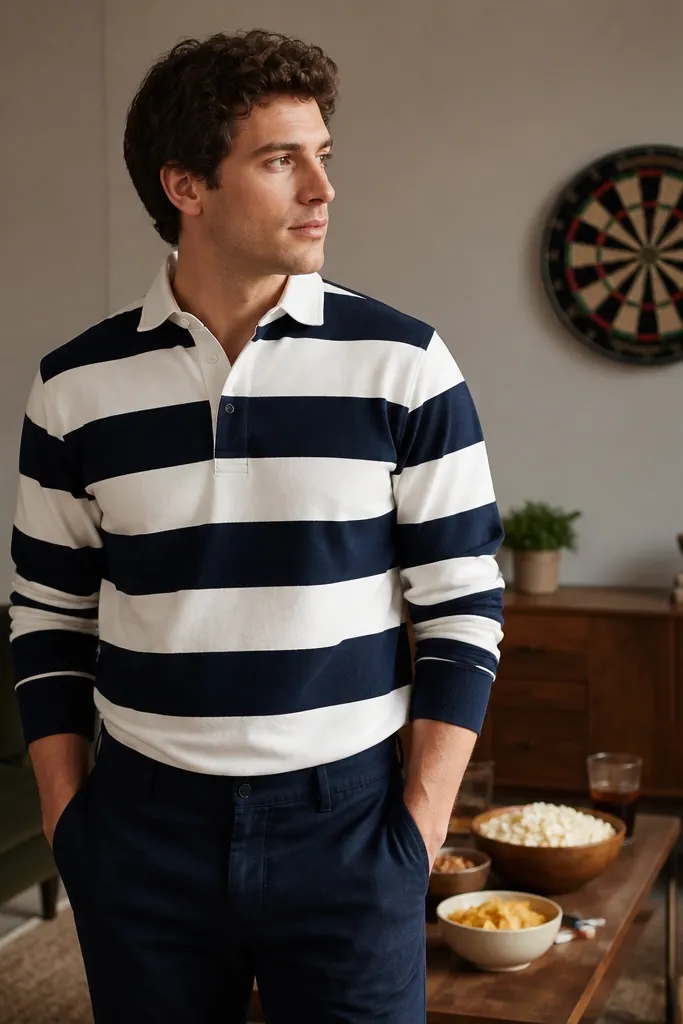 A striped rugby polo (navy and white stripes, collar with buttons) worn with navy trousers. The background is a small game night setup with a dartboard-style target on the wall and a coffee table with snacks.