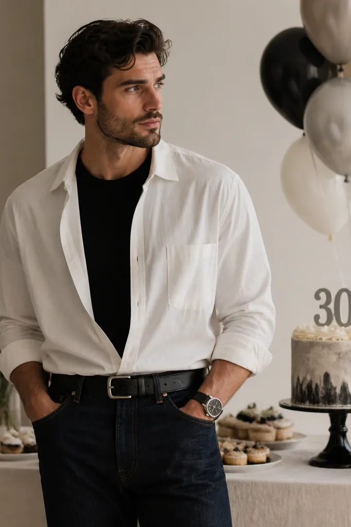A white overshirt worn over a black tee, cinched at the waist with a black belt, paired with dark denim jeans. Behind him is a dessert table with a "30" cake and a balloon cluster.