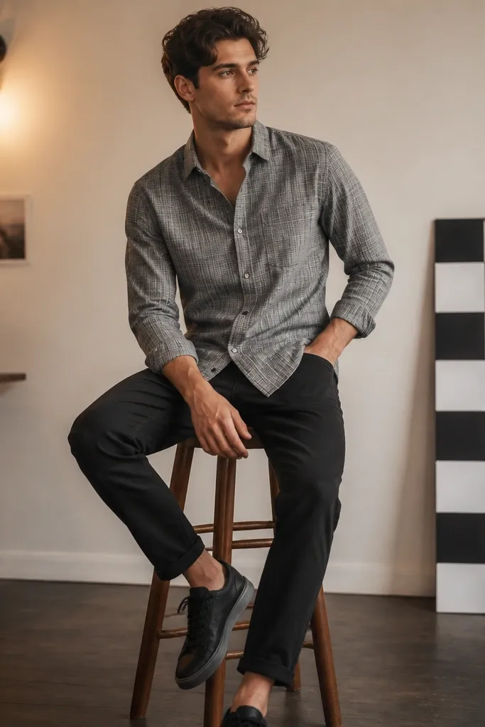 A grey check button-down worn with the top button open, paired with black jeans and clean black sneakers. The background shows a small photo corner with a checkerboard prop and warm wall lights.