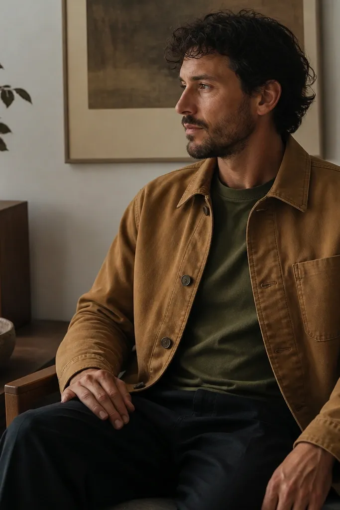 A camel chore jacket worn over an olive tee, paired with dark trousers. The scene shows a cozy home setup with a small fire pit-style candle bowl and a speaker on a side table.