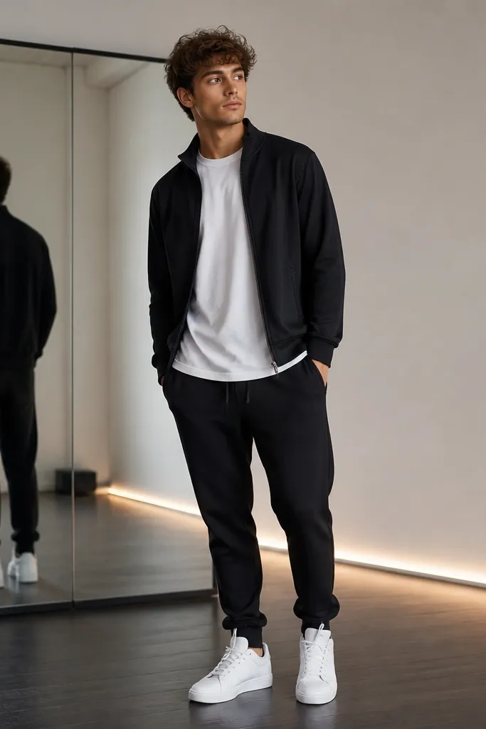 A black track jacket with a clean zipper worn over a white tee, paired with dark joggers and crisp white sneakers. Behind him is a small dance corner with a mirror and a simple LED strip light along the wall.