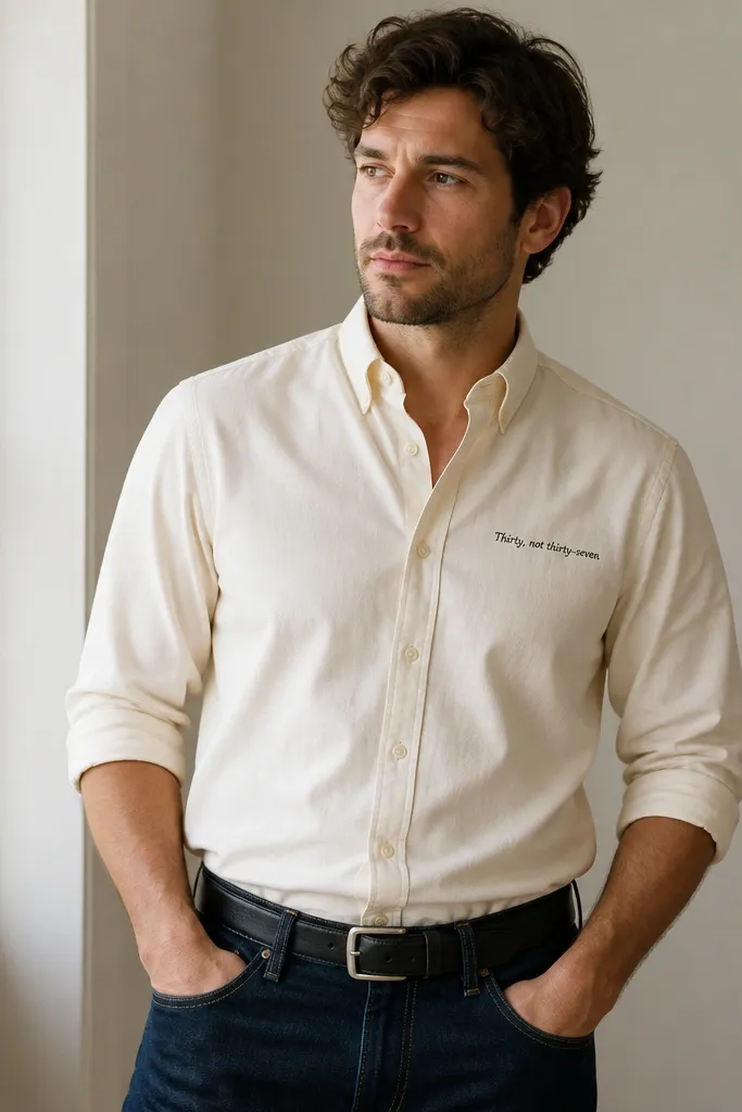 A man in a cream button-down with a small black embroidered phrase near the left chest reading "Thirty, not thirty-seven," paired with dark indigo jeans and a black leather belt; the shirt is neatly tucked and the sleeves are rolled to mid-forearm.