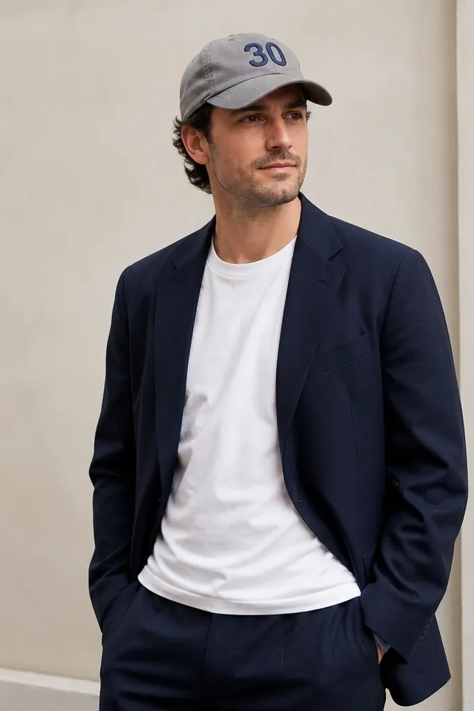 A man wearing a navy suit jacket over a plain white tee, paired with a gray dad hat that has an embroidered "30" on the front; he's standing in a photo-friendly pose with hands in pockets.