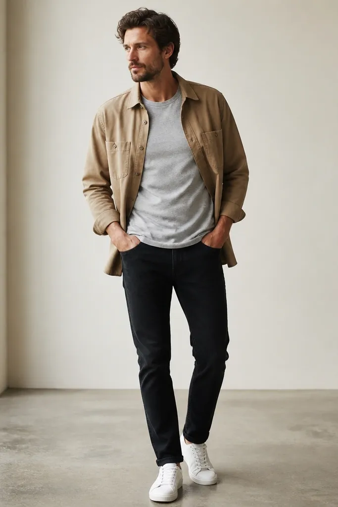 A man wearing a heather gray slogan T-shirt under a tan button-front overshirt, with black jeans and white low-top sneakers; the overshirt is open and the slogan is centered on the chest.