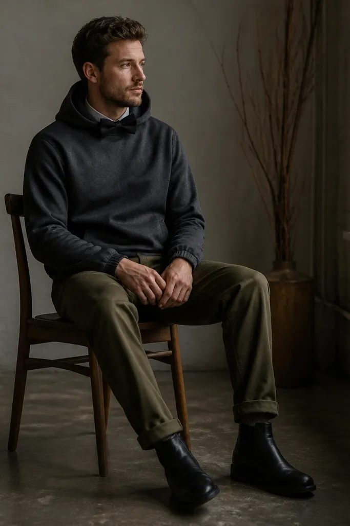 A man in a charcoal hoodie with a crisp black bow tie clipped at the collar, paired with olive chinos and black boots; the hoodie is pulled tight at the cuffs.
