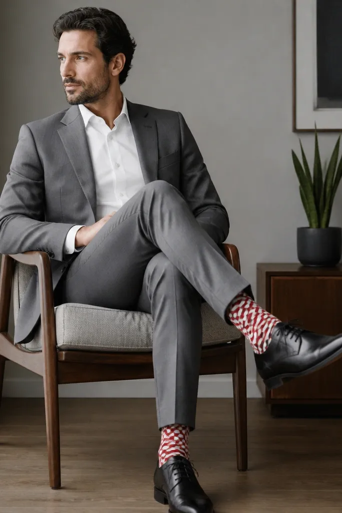 A man in a solid medium-gray suit with a white shirt, wearing bold red-and-white patterned socks that peek above black dress shoes; his legs are crossed for a photo.