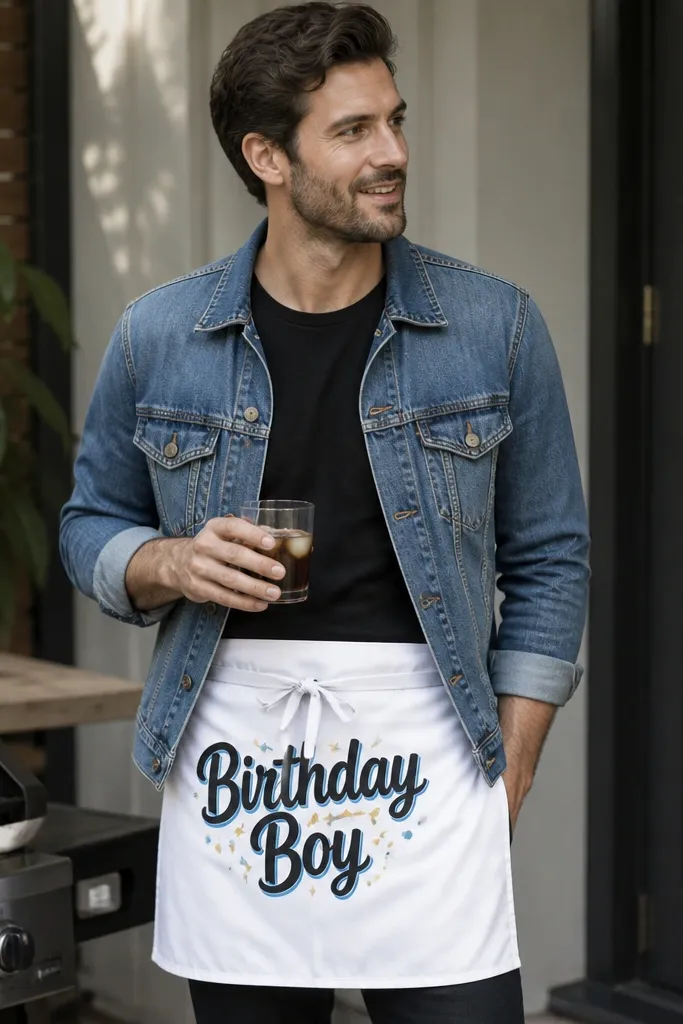 A man wearing a blue denim jacket over a plain black tee, with a white novelty apron tied at the waist that reads "Birthday Boy" in bold letters; he's holding a drink.
