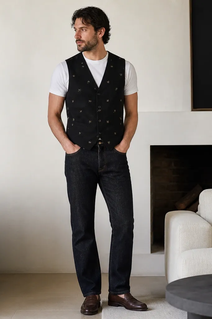 A man wearing a black vest with small embroidered "30" icons over a white crew-neck shirt, paired with dark denim and brown loafers; the vest is buttoned and the hem sits at the belt line.