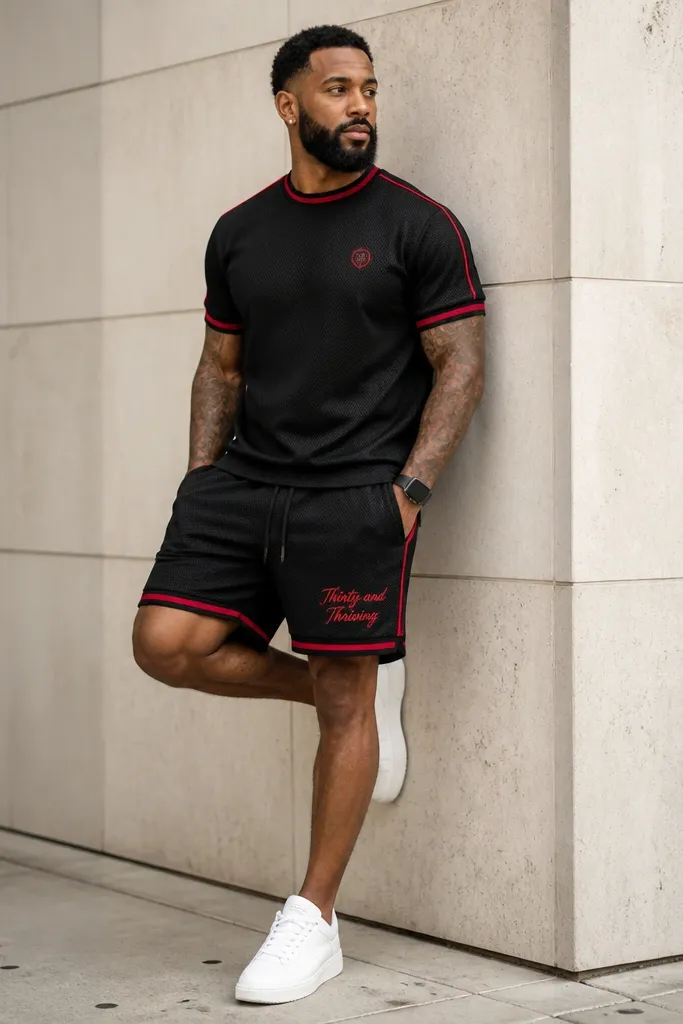 A man in a matching black and red jersey set with a small chest logo and "Thirty and Thriving" on the shorts, paired with clean white sneakers; he's standing outdoors near a wall.