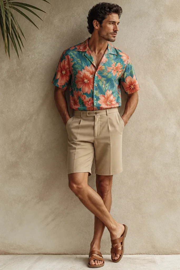 A man wearing a bright floral Hawaiian shirt in teal and coral, tucked into tailored tan shorts; he's wearing tan leather sandals and a simple chain necklace.