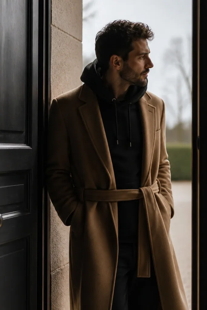 A man wearing a dark hoodie with "Officially 30" printed in small white text, layered under a camel belted coat; he's standing in a doorway with a strong silhouette.