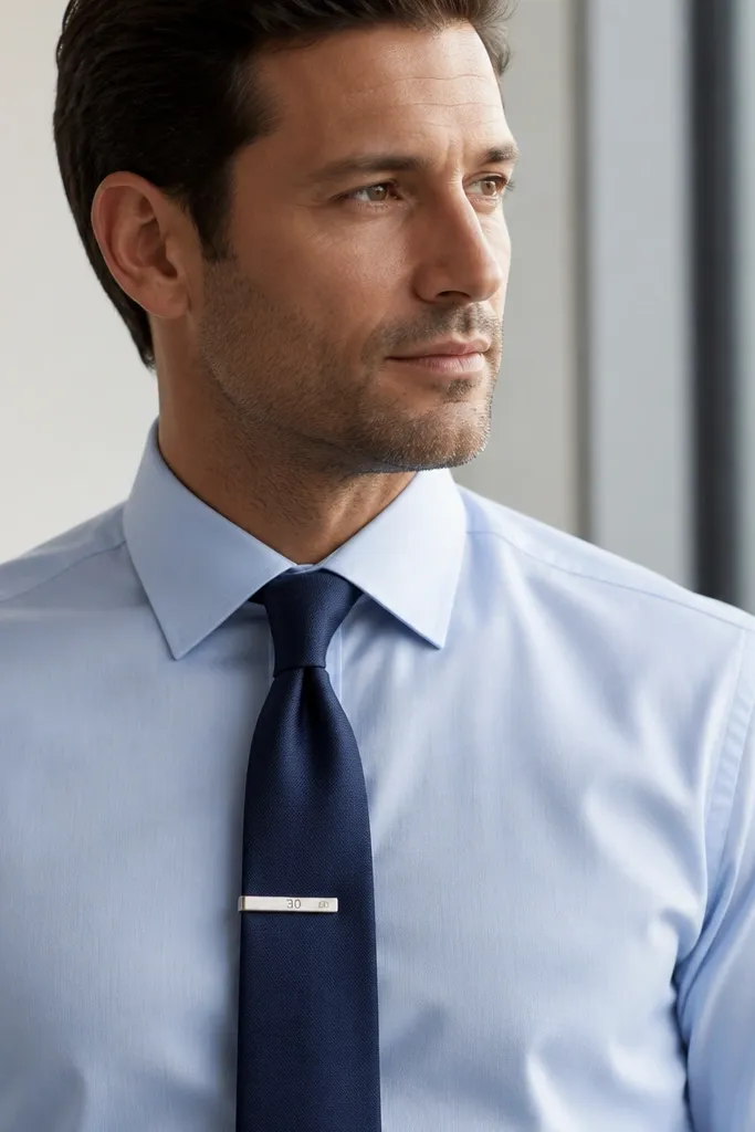 A man in a light blue dress shirt and navy tie, wearing a small silver tie clip engraved with "30"; the tie is centered and the clip catches light.