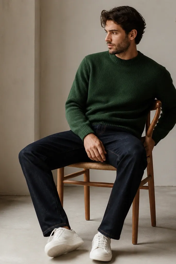 A man wearing a knit sweater in forest green with "Team 30" across the chest, paired with dark straight jeans and white sneakers; the sweater has ribbed cuffs.