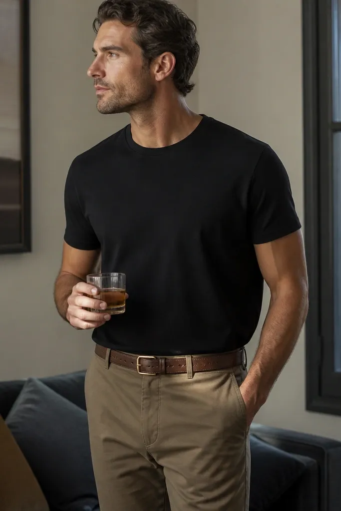A man wearing a simple black tee and tan chinos, with a brown belt that has a small repeating "30" pattern; he's holding a drink and the belt catches light.