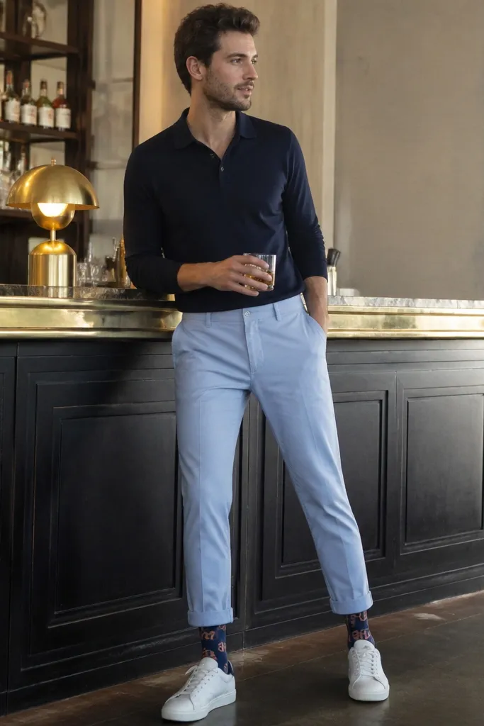 A man wearing rolled-up light blue chinos showing patterned socks with a "30" motif, plus white sneakers; he's standing by a bar counter with his legs slightly apart.