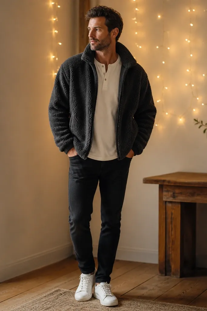A man stands indoors under warm fairy lights. He wears a charcoal teddy fleece jacket with a slightly oversized collar, a cream henley underneath, slim black jeans, and white leather sneakers. The lights create a soft glow around his shoulders and the fleece texture catches it.