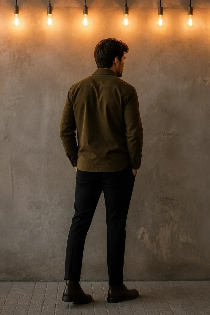 A man faces a wall with Edison bulbs along the top edge. He wears an olive suede overshirt over a fitted black T-shirt, black tapered trousers, and dark brown boots. The suede looks velvety and the bulbs make it glow at the edges.