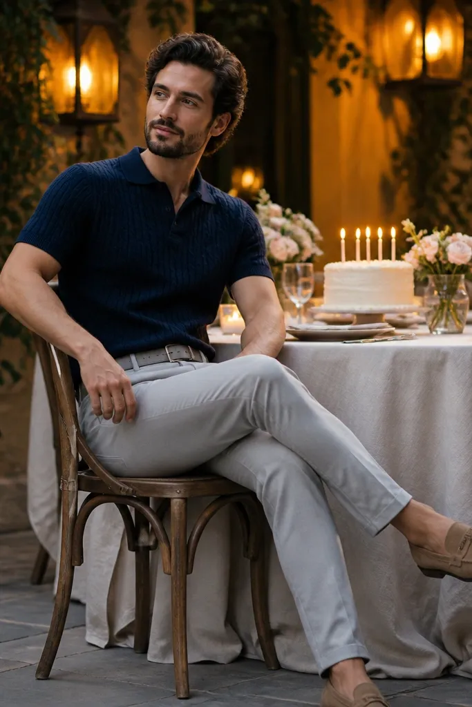 A man sits at a table set for a birthday. He wears a navy knit polo with a fine texture, a light gray belt, light gray chinos, and tan loafers. Warm lantern light behind him gives a honey glow.