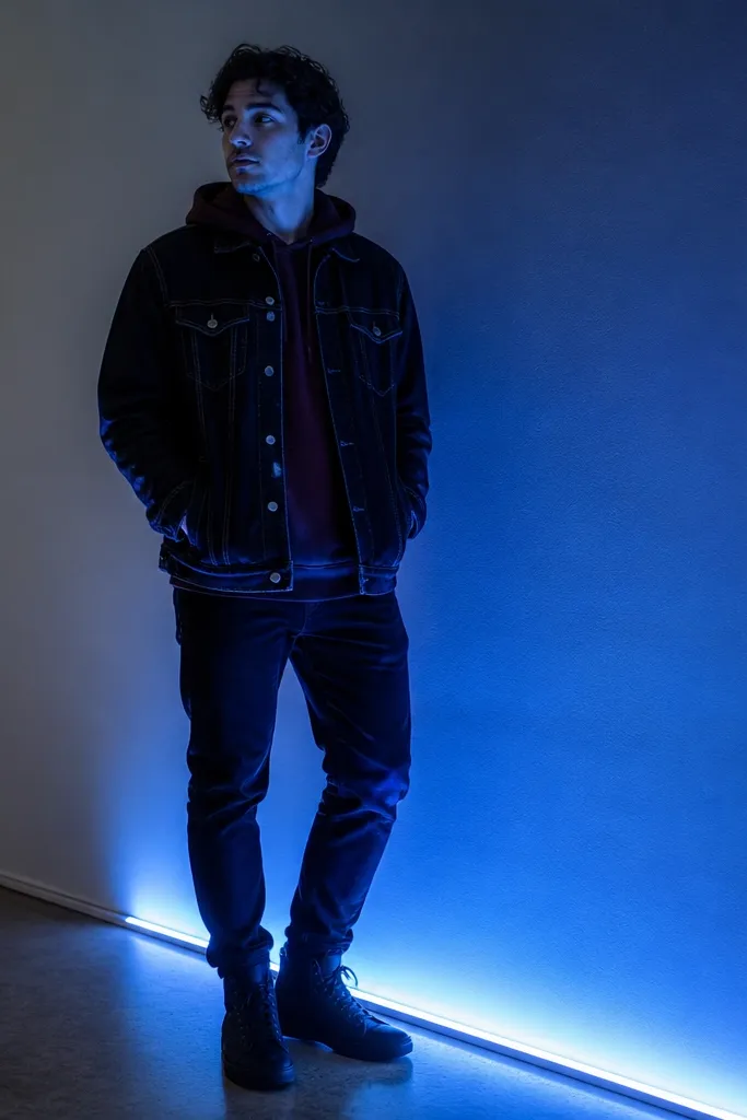 A man stands near a floor LED strip casting blue light upward. He wears a black denim jacket over a burgundy hoodie, black jeans, and black high-top sneakers. The blue light outlines the jacket seams.