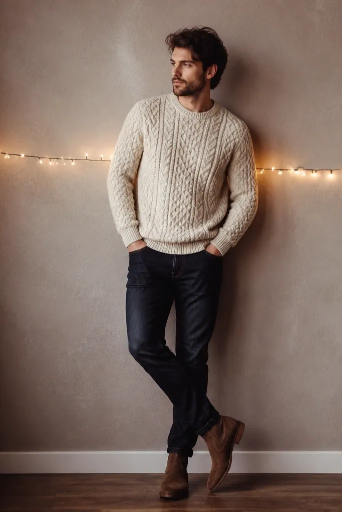 A man leans against a wall with fairy lights strung at chest height. He wears a cream cable-knit sweater, dark wash jeans, and brown suede boots. The cable texture catches the small light points.
