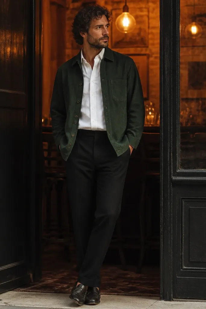 A man stands in a doorway with warm bulbs behind him. He wears a forest green overshirt layered over a crisp white Oxford button-down, black trousers, and dark loafers. The warm bulbs create a soft halo around the green fabric.