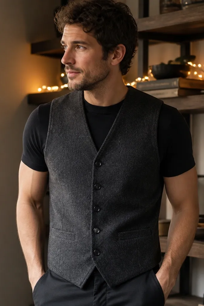 A man wears a charcoal wool-blend vest over a black tee. He stands near string lights that are tucked along a shelf behind him. The vest looks structured and the lights create gentle highlights on the wool texture.