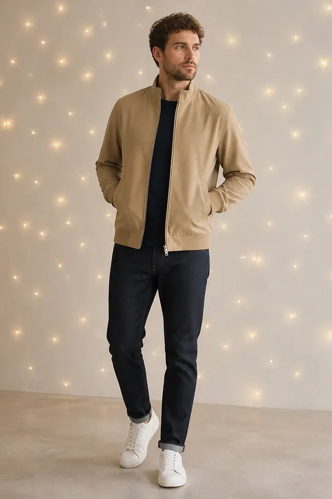A man wears a tan Harrington jacket with a stand collar. He has a navy T-shirt underneath, dark jeans, and white sneakers. Tiny LED lights are scattered in the background like star points, creating a playful glow.