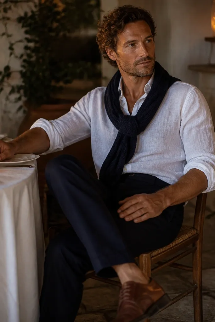 A man sits at a candlelit table. He wears an airy white linen shirt with rolled sleeves, a navy knit scarf looped casually at the neck, dark trousers, and brown leather shoes. The candlelight makes the linen glow softly.