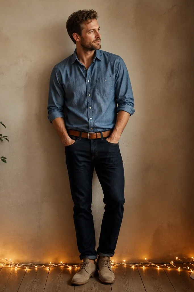 A man wears an indigo chambray button-down with sleeves rolled, a tan belt, dark jeans, and tan suede desert boots. Warm fairy lights are scattered low on the floor, creating a soft upward glow.