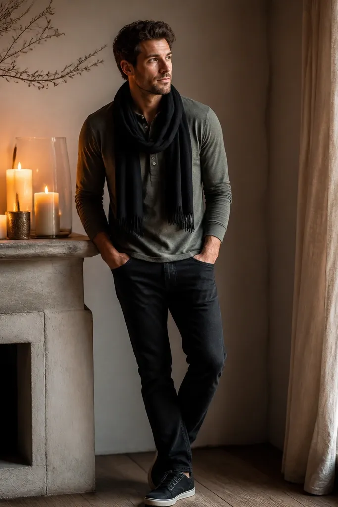 A man stands near a candle vignette. He wears a heather olive henley, a black scarf looped once at the neck, black jeans, and dark sneakers. The scarf frames his face and catches candle glow.