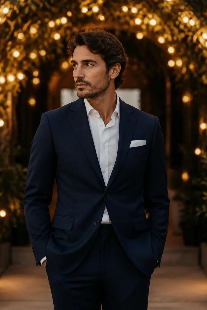 A man wears deep navy suit separates (jacket and trousers) under a warm string light arch. He has a white pocket square in the jacket breast and a simple white shirt. The warm arch lights create a soft frame behind him.