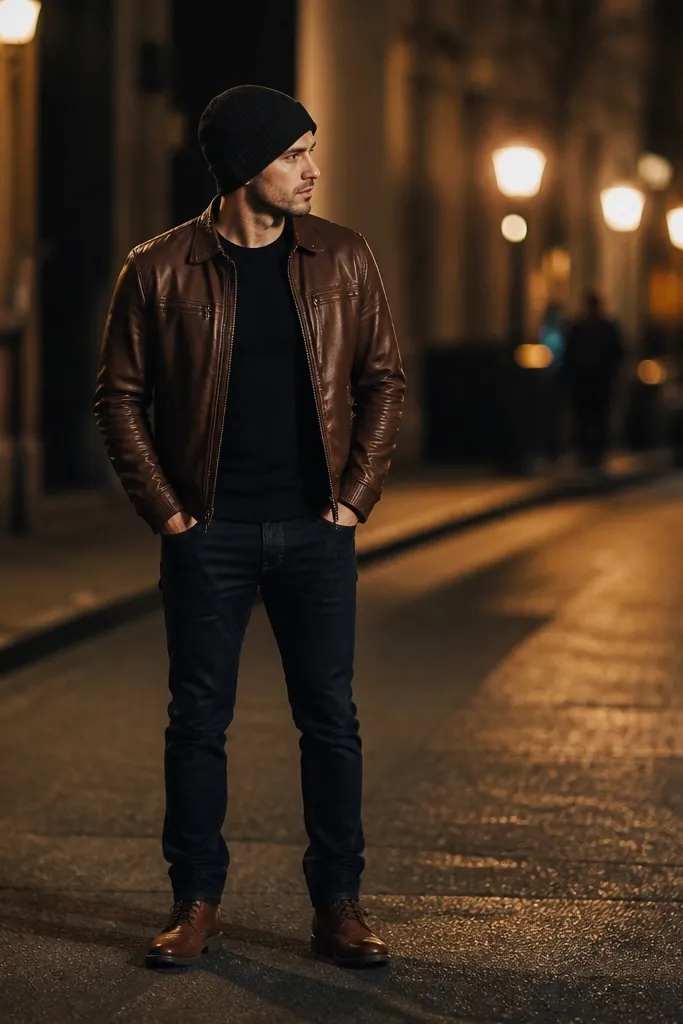 A man wears a brown leather jacket with a black knit beanie. He stands on a street with warm street lights behind him. He has a black long-sleeve shirt, dark jeans, and brown leather boots. The leather catches highlights along the shoulders.