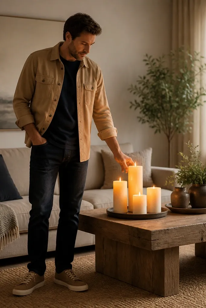 A man stands beside a living room table with LED candles. He wears a sand-colored overshirt layered over a navy tee, dark jeans, and light brown sneakers. The LED candles create a warm glow around his torso and hands.