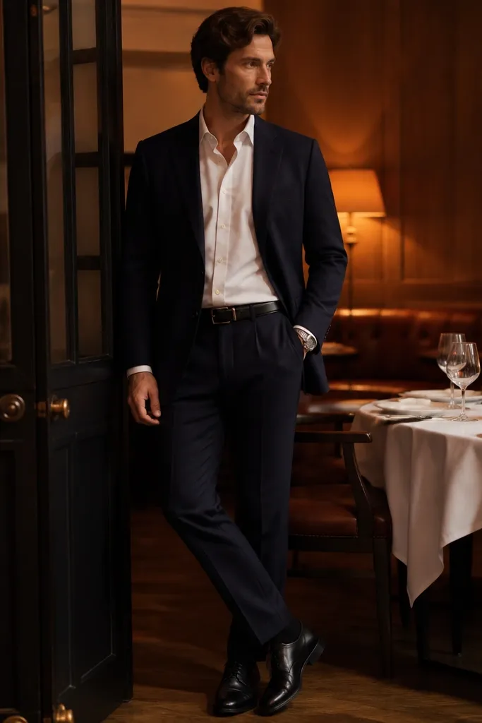 A man in a deep navy cashmere suit jacket and trousers with a clean notch lapel, paired with matte black leather lace-up shoes and a slim black belt. Warm restaurant lighting reflects softly on the wool, and a silver watch sits against a white dress shirt.