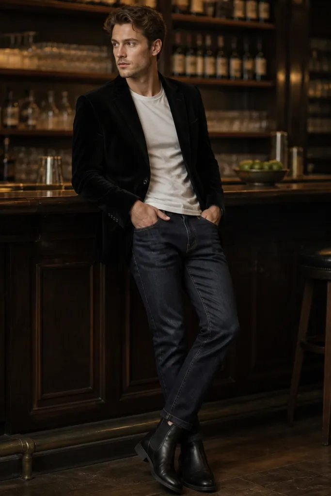 A black velvet blazer with a subtle sheen is layered over a fitted white T-shirt. The trousers are dark indigo denim with a tapered fit, and the shoes are black leather Chelsea boots in warm bar lighting.
