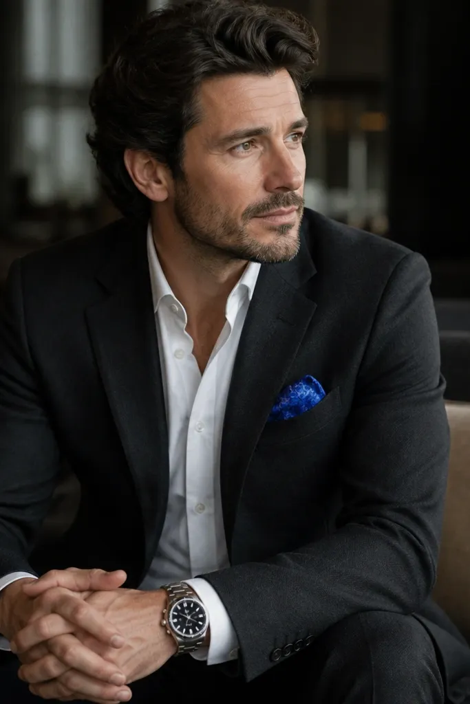 A charcoal wool suit in a matte finish with a white dress shirt. A vivid electric blue pocket square peeks from the chest, and the watch face is visible against the cuff in a softly lit lounge.