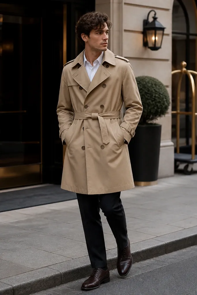 A tan trench coat with a belt tied neatly at the waist over a crisp white shirt. The trousers are dark tailored wool, and brown oxfords with a clean toe sit on a sidewalk near a hotel entrance.