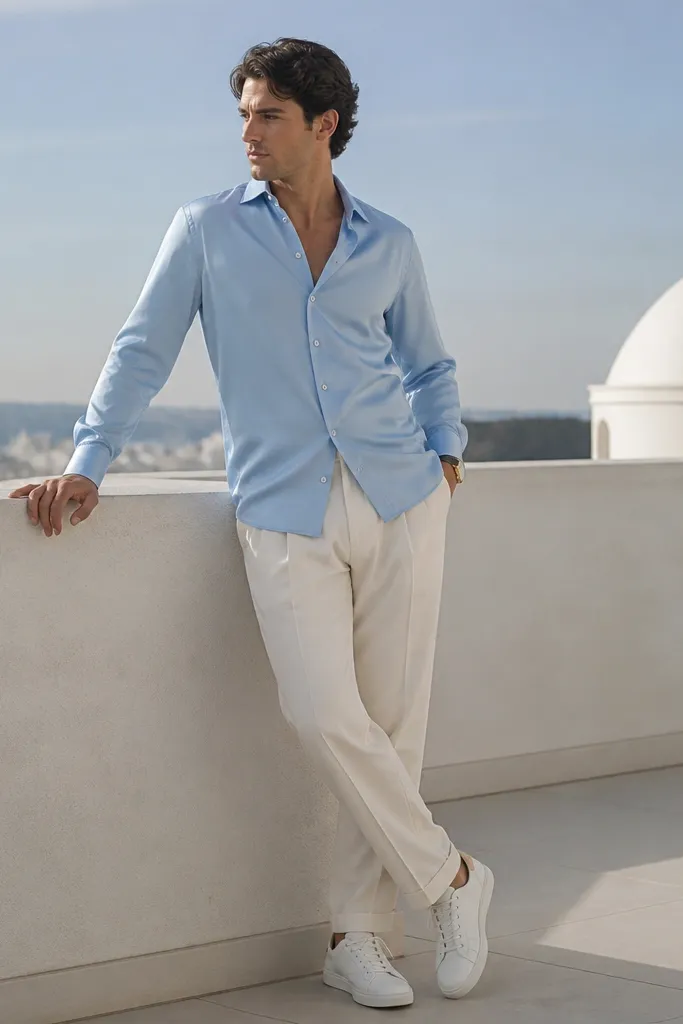 A light blue silk button-up shirt with a subtle sheen is worn untucked over pleated trousers in off-white. The man wears clean white leather sneakers and a minimal gold watch in an airy rooftop setting.