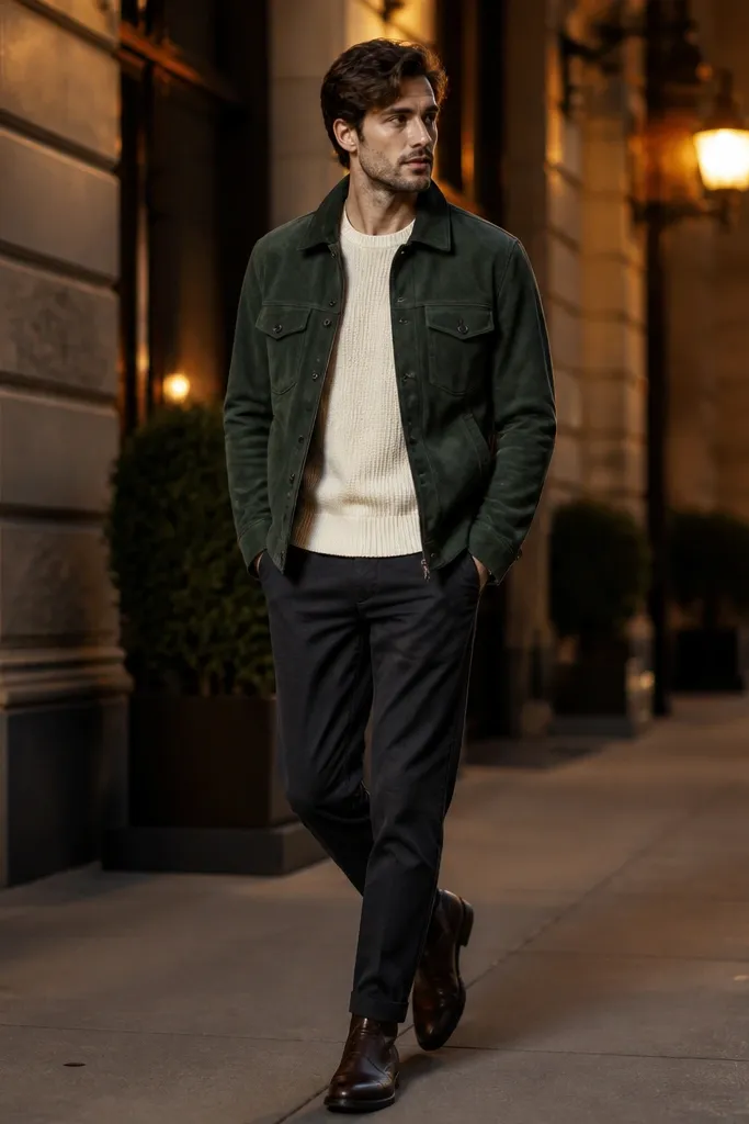 A deep green suede jacket with visible grain is layered over a cream knit sweater. Dark chinos sit neatly at the ankle, and the shoes are dark leather boots with a slightly worn patina under evening lights.