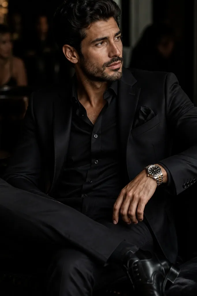 A monochrome black outfit: black tailored shirt, black trousers, and black leather shoes. A two-tone watch with gold and silver details catches the light, and a black pocket square peeks from the jacket in a dim club-like setting.