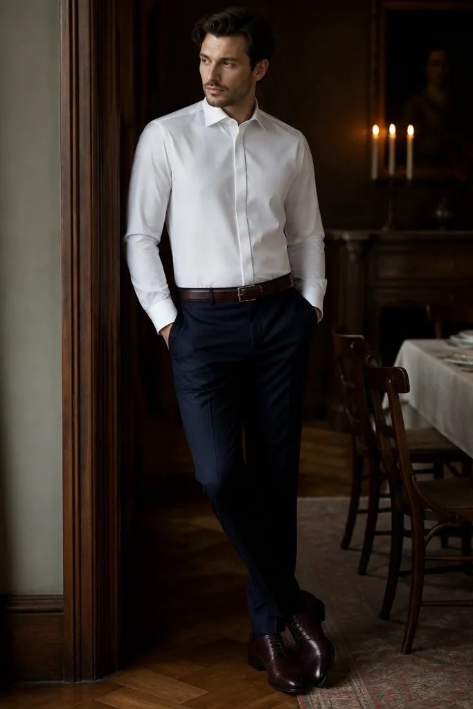 A crisp white dress shirt with a hidden placket and subtle buttons. The man wears tailored trousers in deep navy and a burgundy leather belt, with oxblood shoes matching the belt in a candlelit dining room.