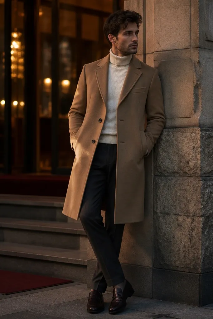A cream turtleneck sweater under a camel overcoat. The trousers are dark charcoal, and the man wears dark leather loafers. The shot is taken outside a hotel at dusk with soft streetlights reflecting on the coat buttons.